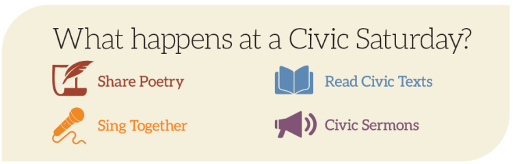 Infographic titled "What happens at a Civic Saturday?" listing four activities with icons: a scroll and feather for Share Poetry, a microphone for Sing Together, an open book for Read Civic Texts, and a megaphone for Civic Sermons.