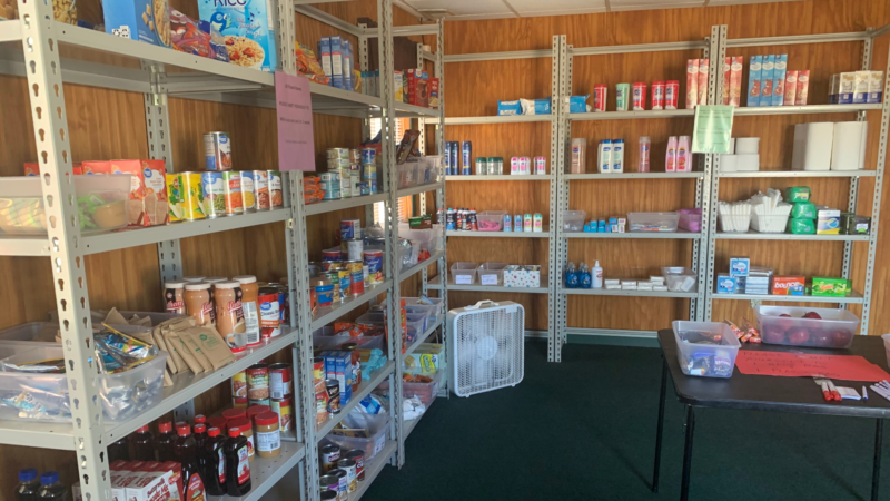 Food stocked on pantry shelves